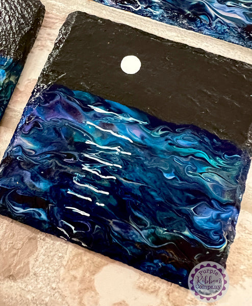 Fluid Art Hand Painted Slate Coasters - ‘Moonlight’ set of 4 (2)