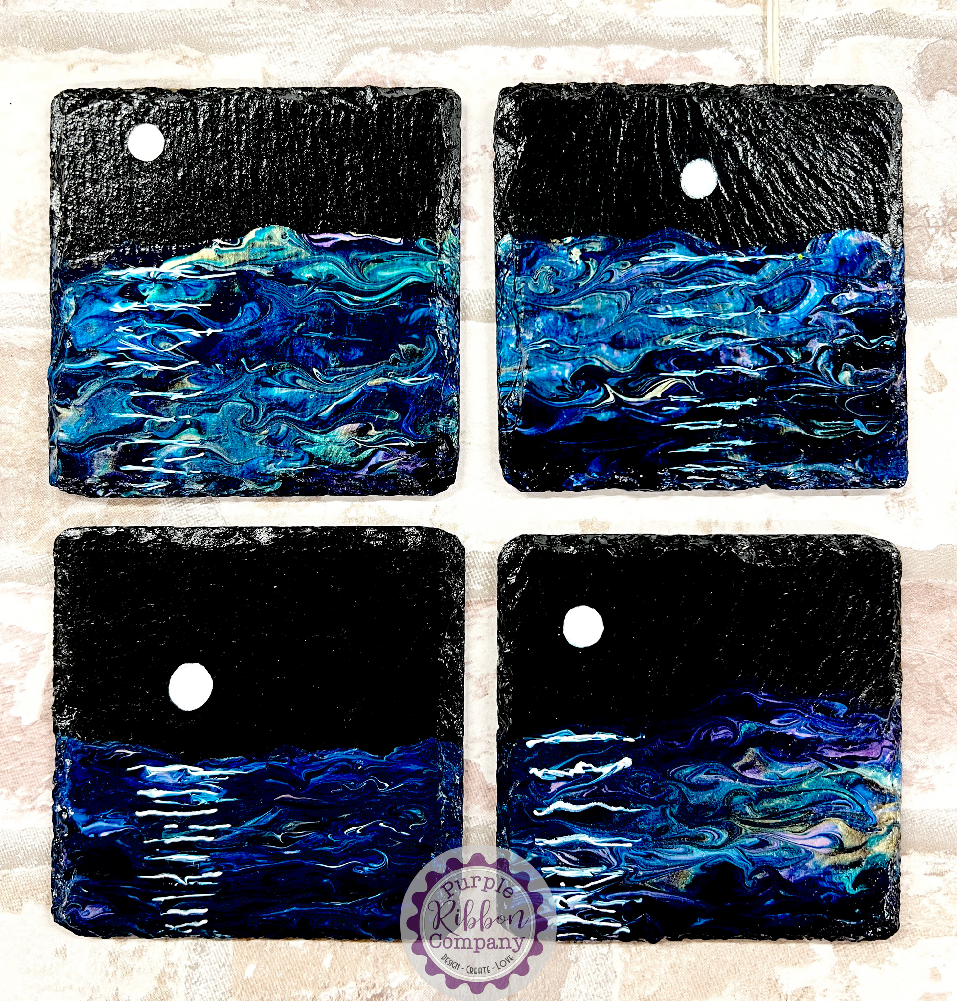 Fluid Art Hand Painted Slate Coasters - ‘Moonlight’ set of 4 (1)