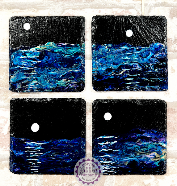 Fluid Art Hand Painted Slate Coasters - ‘Moonlight’ set of 4 (1)