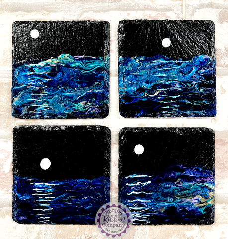 Fluid Art Hand Painted Slate Coasters - ‘Moonlight’ set of 4 (1)