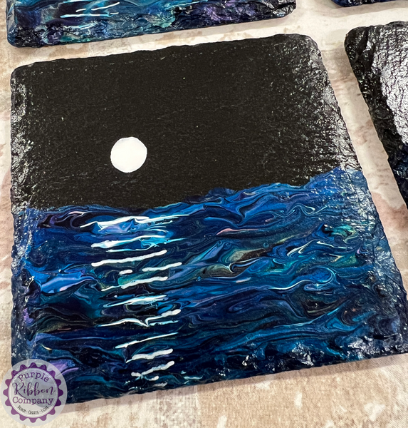 Fluid Art Hand Painted Slate Coasters - ‘Moonlight’ set of 4 (1)