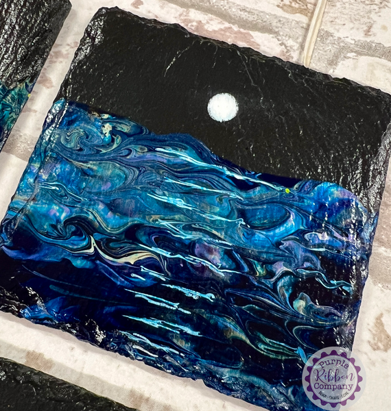 Fluid Art Hand Painted Slate Coasters - ‘Moonlight’ set of 4 (1)