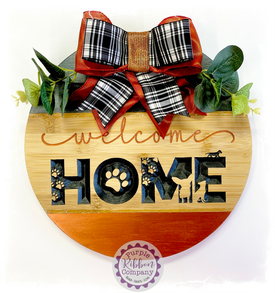Round Bamboo Carved Sign - Welcome HOME (dogs)