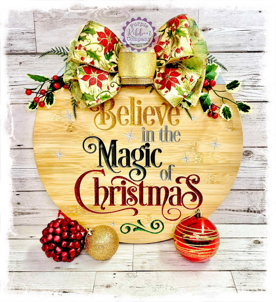 Large Round Bamboo Christmas Wreath Sign (carved) - Believe in the Magic of Christmas