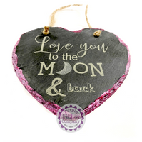 Metallic Edged Slate Small Heart - Love you to the moon & back