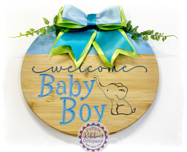 Round Bamboo Carved Sign - Welcome Baby Boy