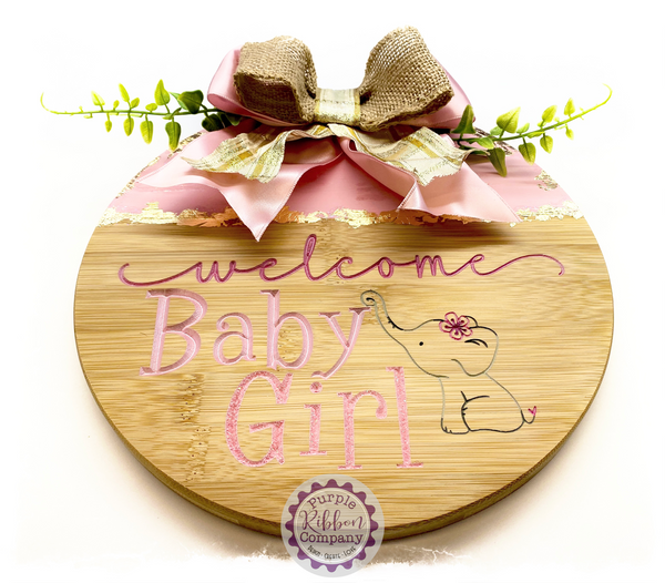 Round Bamboo Carved Sign - Welcome Baby Girl