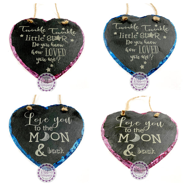 Metallic Edged Slate Small Heart - Love you to the moon & back