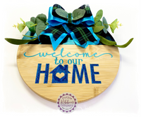 Round Bamboo Wreath Sign (carved) - Welcome to our home (multiples)