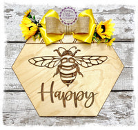 Large Hexagonal Birch Wreath Sign (carved) - Bee Happy