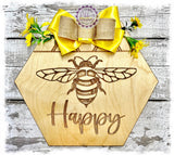 Large Hexagonal Birch Wreath Sign (carved) - Bee Happy