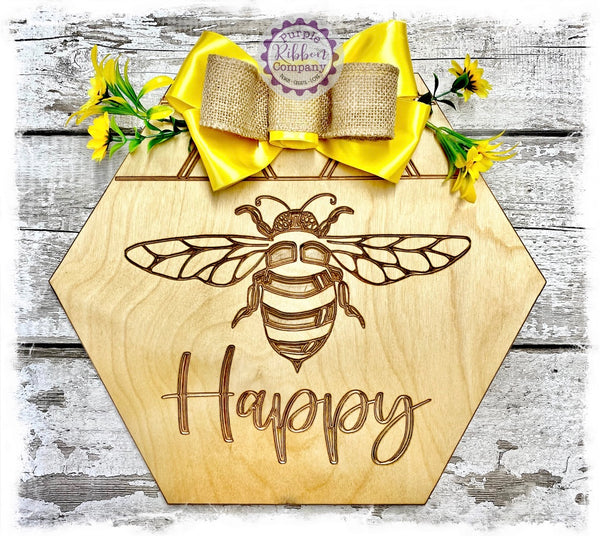 Large Hexagonal Birch Wreath Sign (carved) - Bee Happy