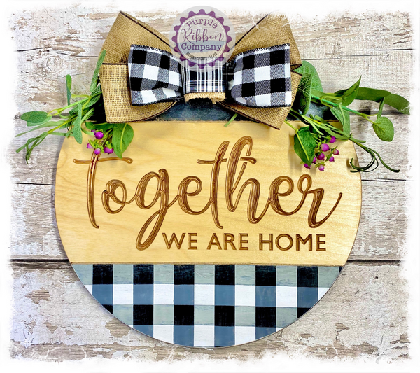 Large Round Birch Wreath Sign (carved) - together we are home