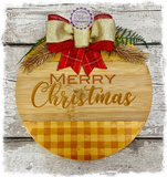 Round Bamboo Wreath Sign (carved) - Merry Christmas cursive (multiples)