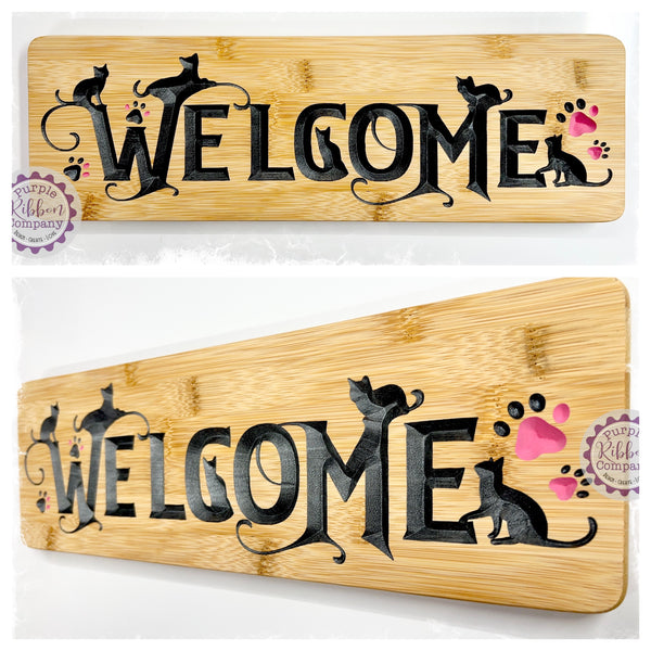 Bamboo Long Sign - Welcome (Cats silhouettes)