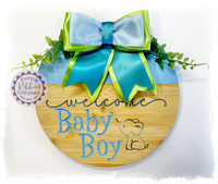 Round Bamboo Carved Sign - Welcome Baby Boy