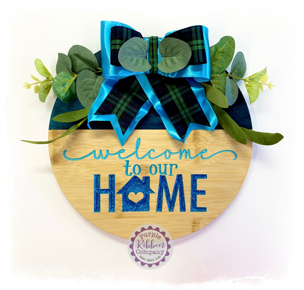 Round Bamboo Wreath Sign (carved) - Welcome to our home (multiples)